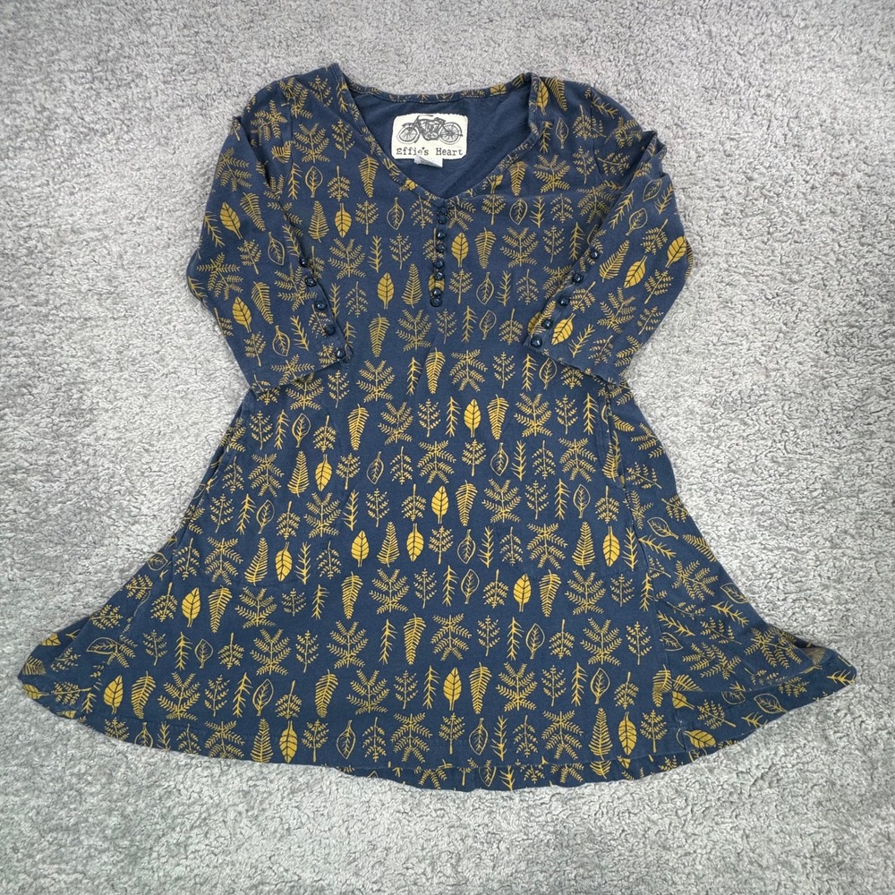 Effies Heart Navy Blue Yellow Botanical Leaf Print Fit & Flare Pocket Dress L
